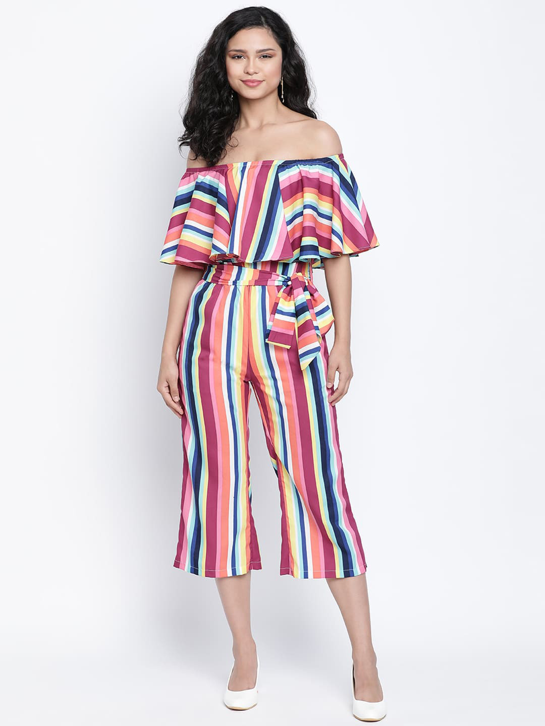 DRAAX Fashions Candy Striped Off-Shoulder Waist Tie-Ups Basic Jumpsuit