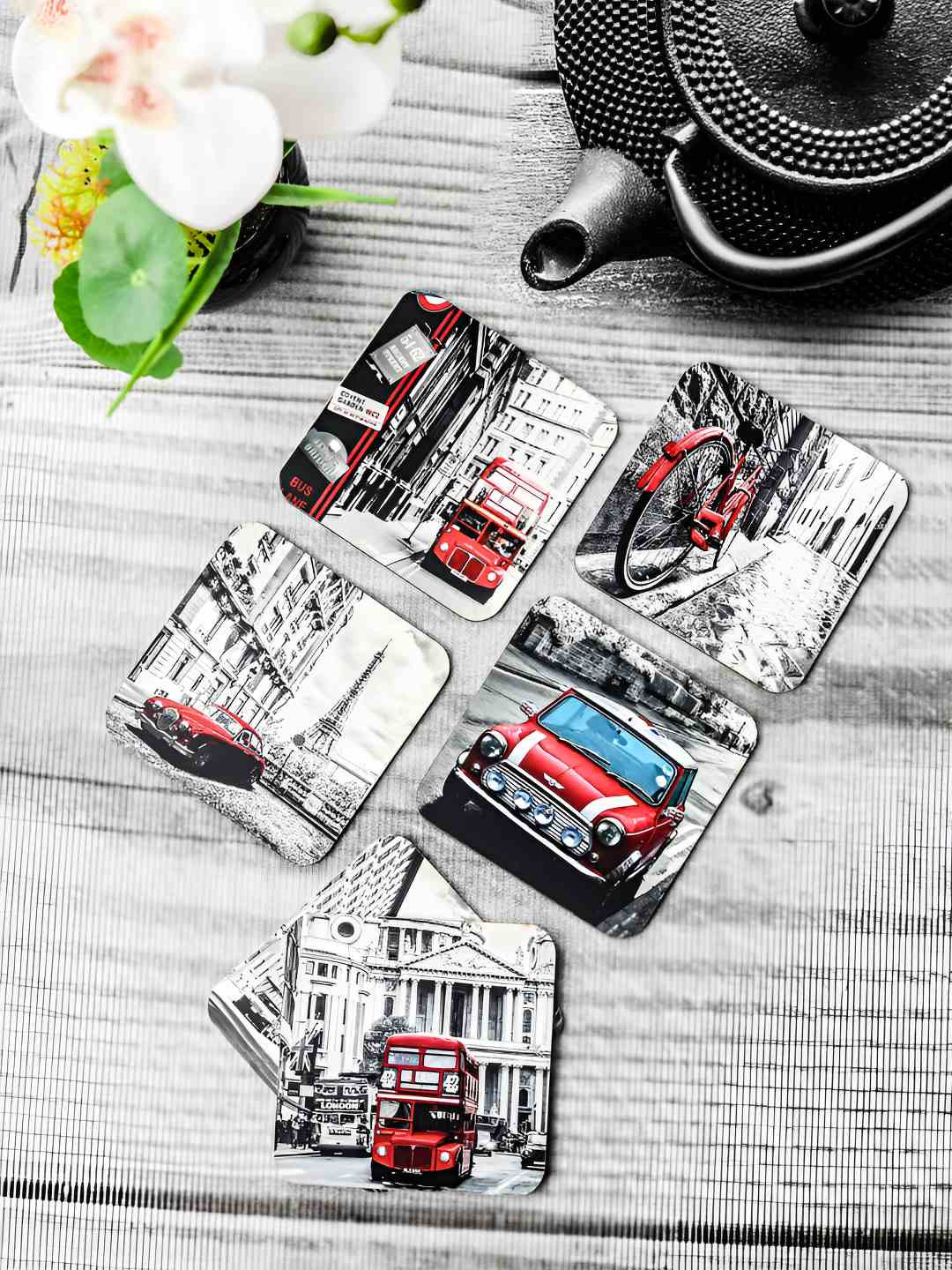 Homspurts Black & White 6 Pieces Printed Square Wooden Coasters