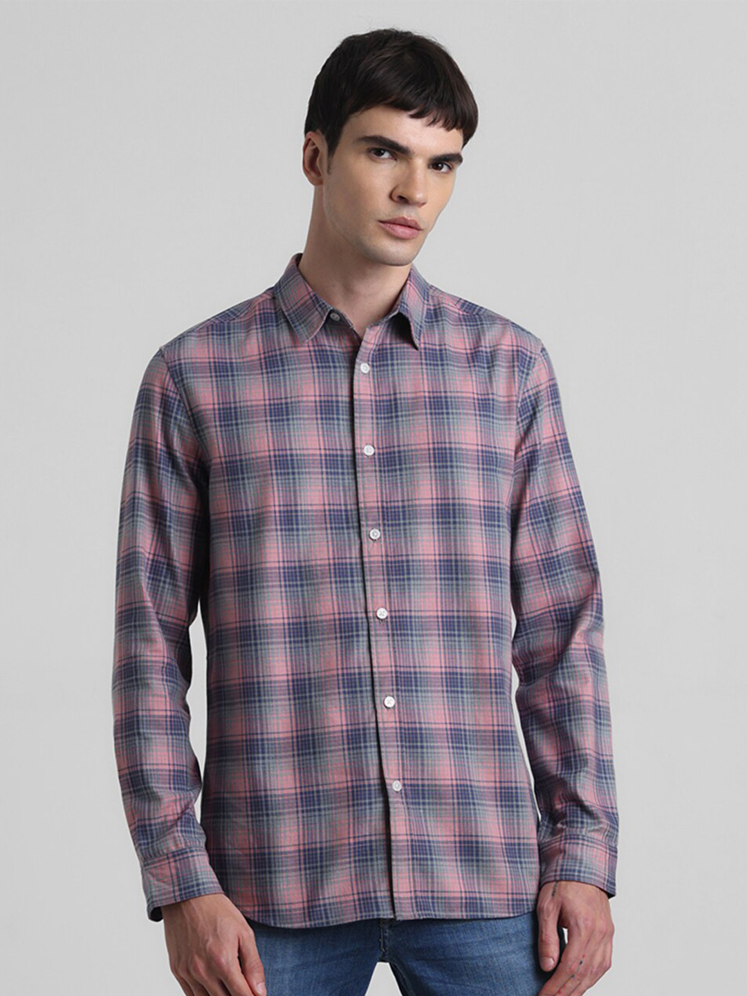 Jack & Jones Slim Fit Checked Spread Collar Long Sleeve Slim Fit Cotton Casual Shirt