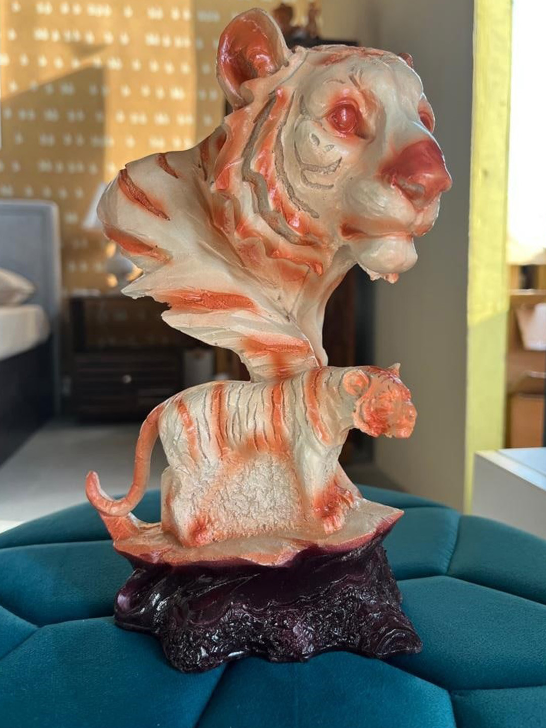 ECLAT FURNISH Tiger Head with Baby Camel Brown Polyresin Glossy Living Room Medium Showpiece - 9.1 Inches