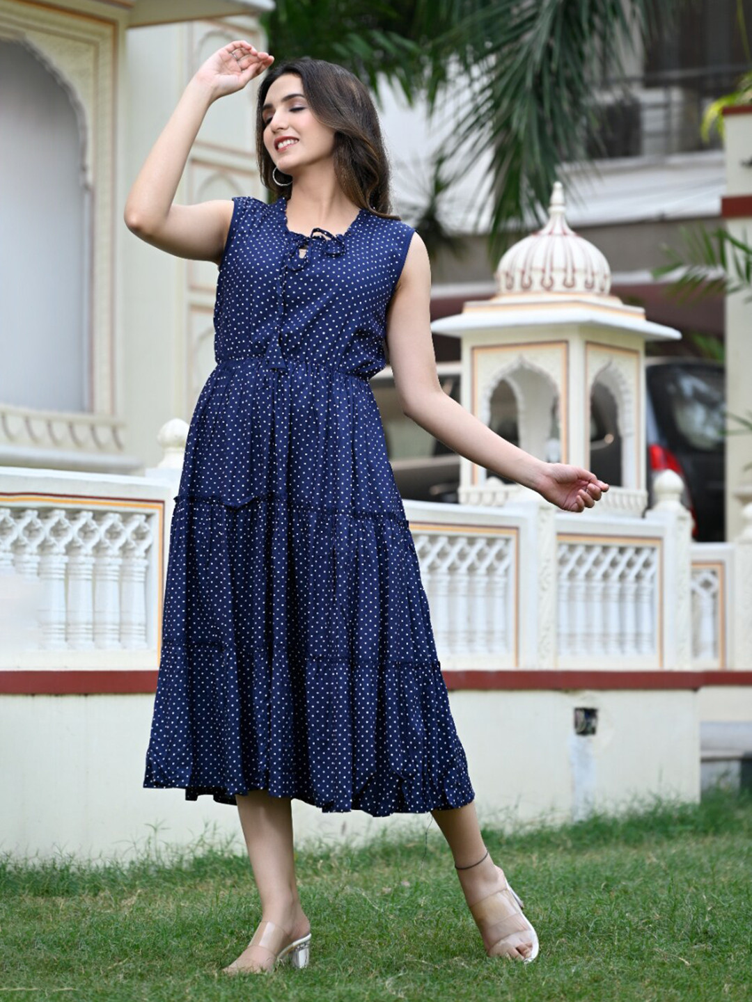 KALINI Polka Dots Printed Tie-Up Neck Sleeveless Gathered Tiered Fit & Flare Midi Dress