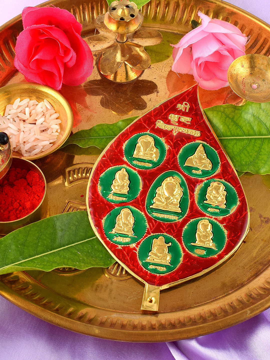 MEMOIR Asht Vinayak Ganesha Red Brass Metallic Prayer Room Small Showpiece - 5 Inches