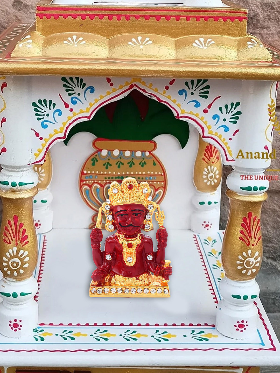 MEMOIR Meenakari Nakoda Bhairav Jain Red Brass Metallic Prayer Room Small Showpiece - 2 Inches