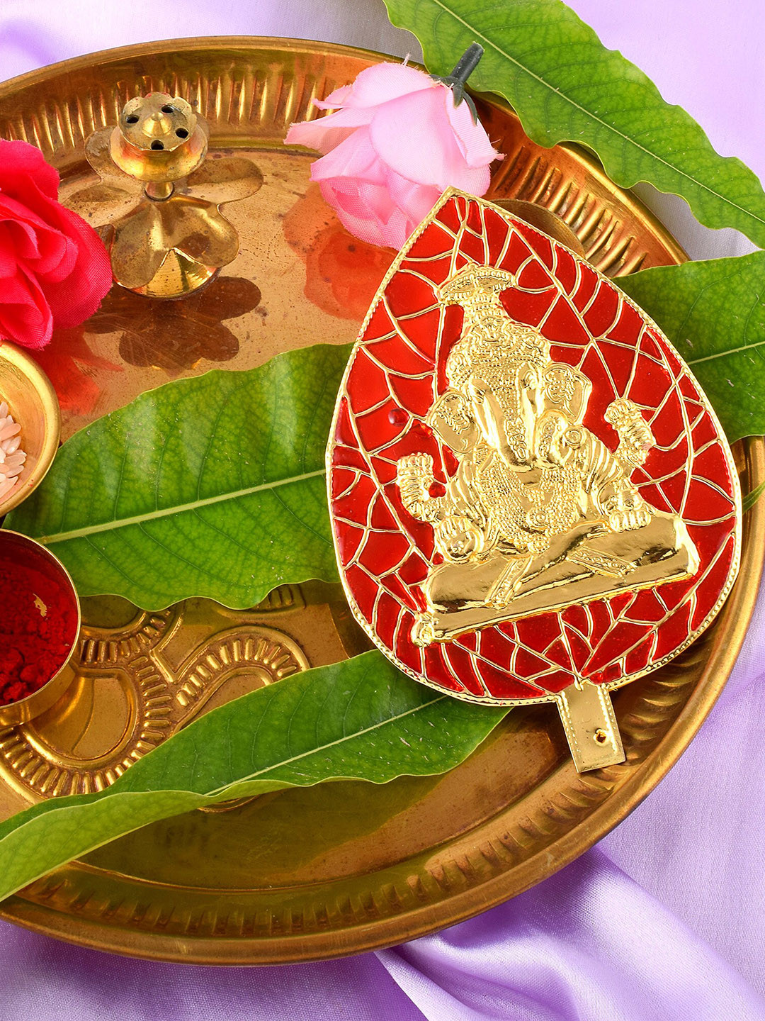MEMOIR Meenakari Ganesha Spiritual Leaf Red Brass Metallic Prayer Room Medium Showpiece - 5 Inches