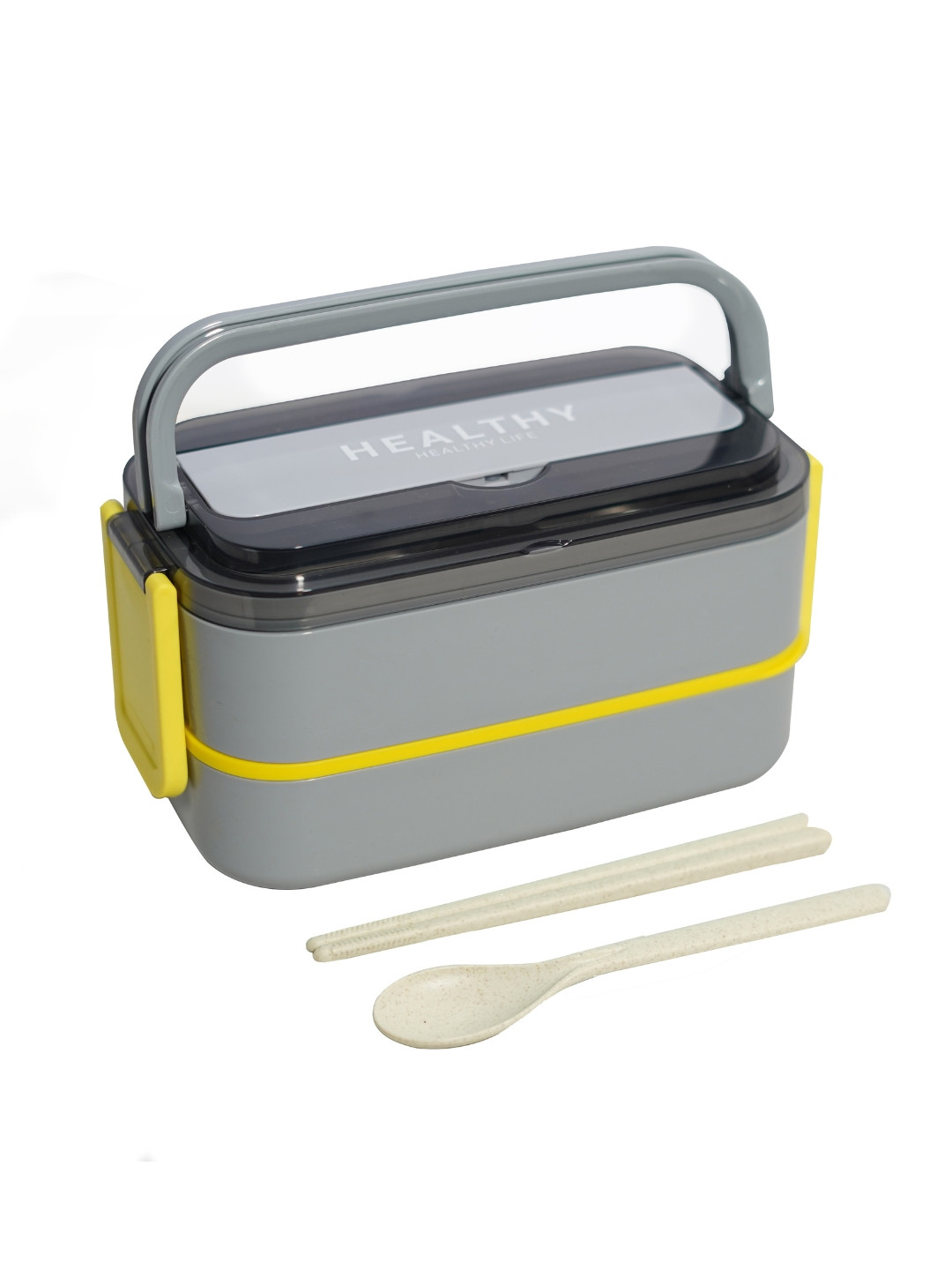 YELONA Grey & Yellow 3 Pieces Solid Stainless Steel Microwave Safe Lunch Box & Cutlery