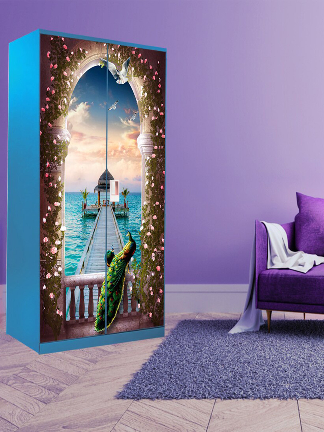 WallDaddy Blue Printed Almirah Wardrobe Sticker