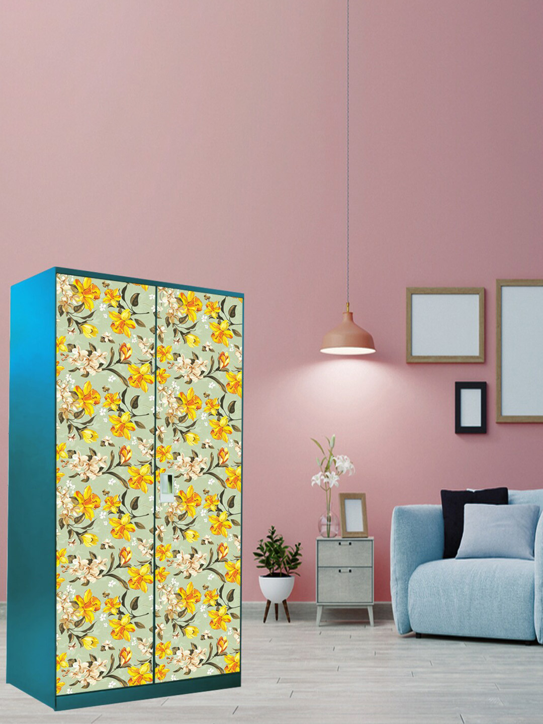 WallDaddy Sea Green & Yellow Floral Printed Paper Wardrobe Sticker