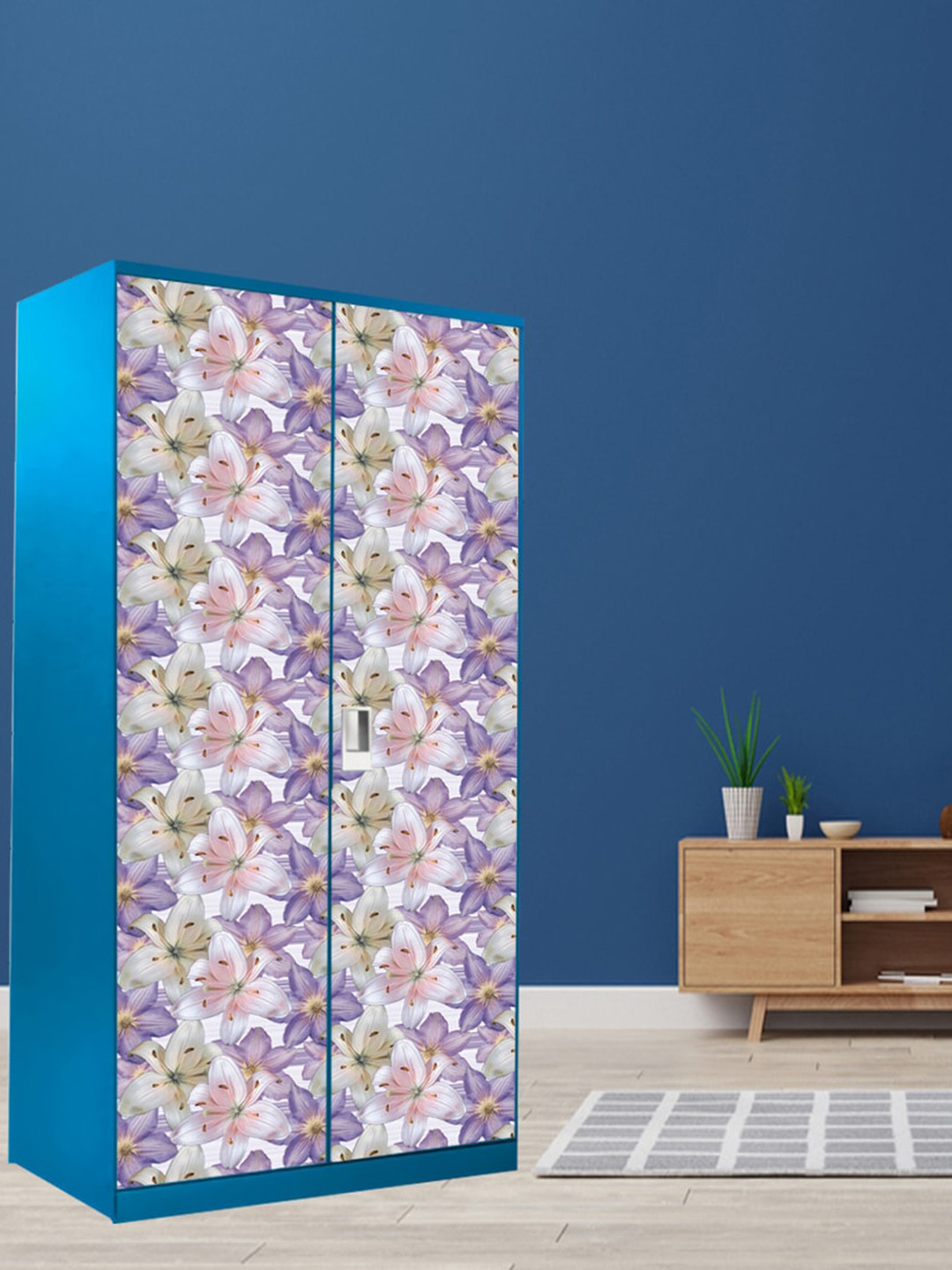 WallDaddy White & Purple Floral Printed Paper Wardrobe Sticker