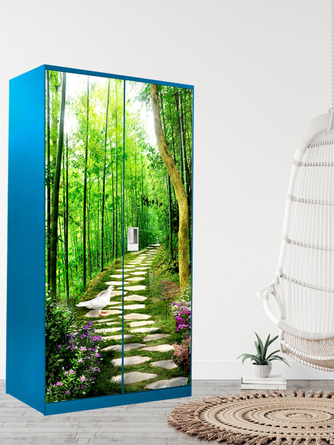 WallDaddy Green & White Botanical Printed Wardrobe Sticker