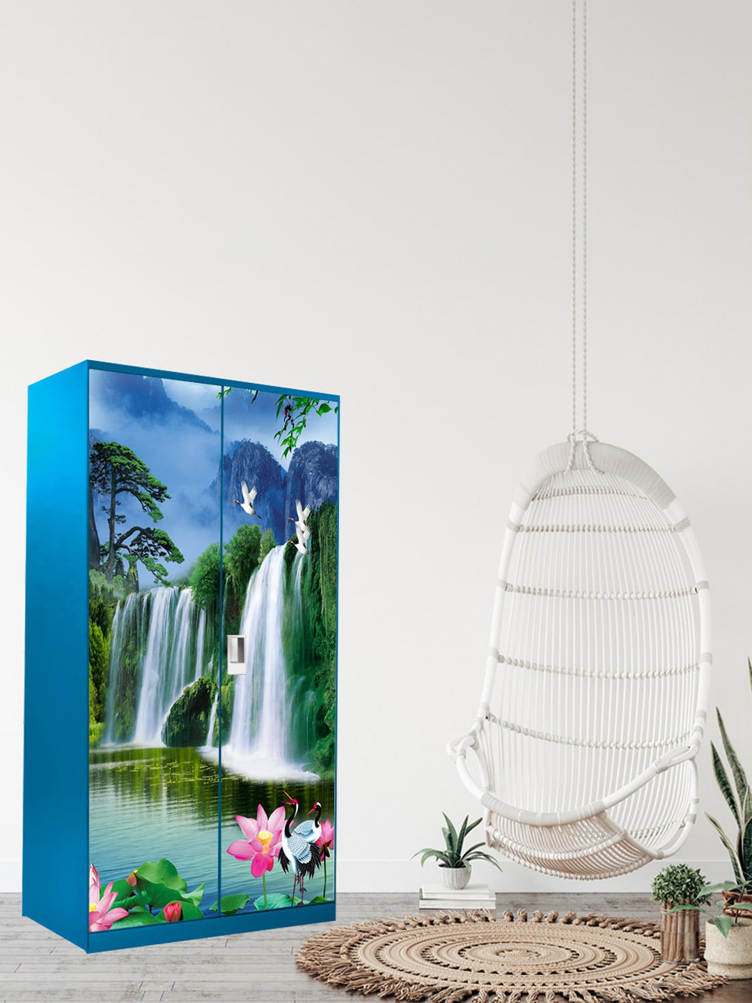 WallDaddy Blue & White Printed  Almirah Sticker