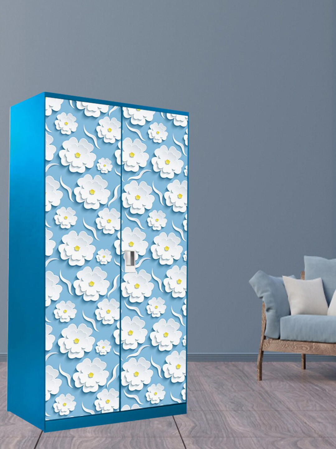 WallDaddy Blue & White Floral Printed Paper Wardrobe Sticker