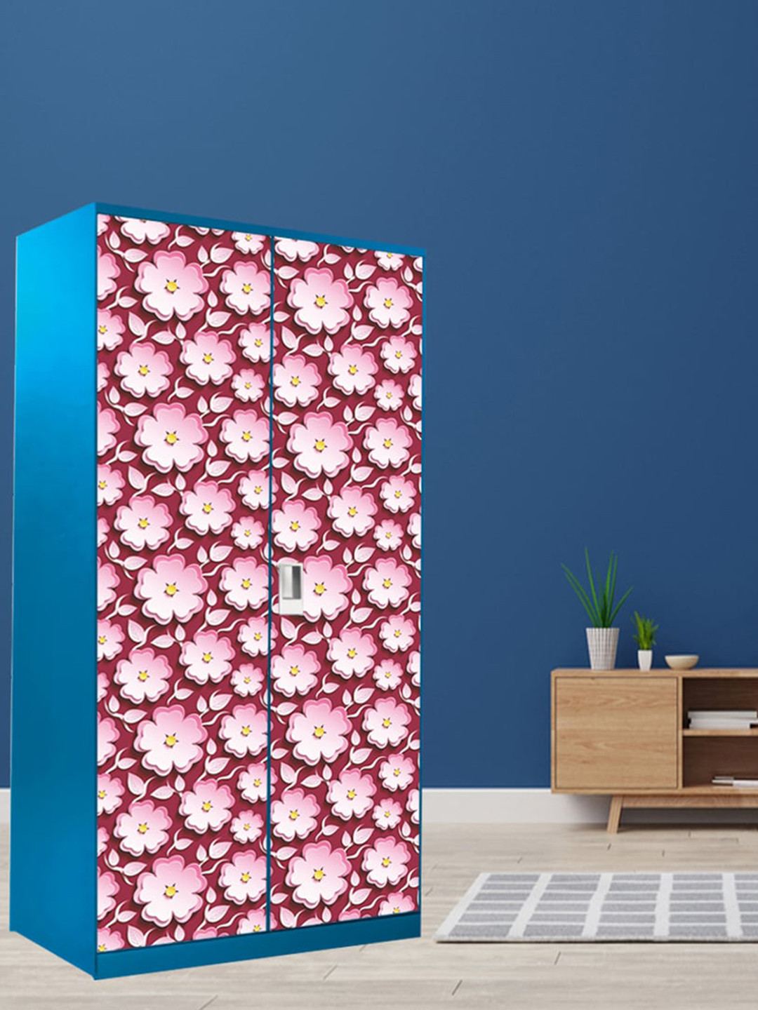 WallDaddy Magenta & Rose Color Floral Printed Paper Almirah Wardrobe Sticker