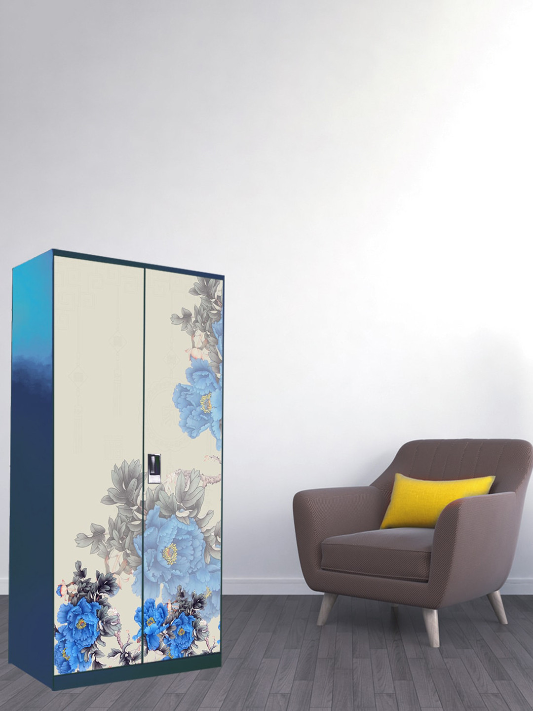 WallDaddy Off-White & Blue Floral Printed Almirah Wardrobe Door Sticker