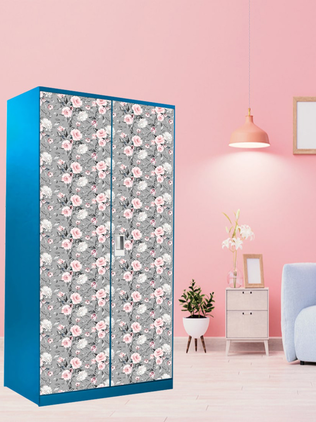 WallDaddy Grey & Rose color Floral Printed Almirah Sticker