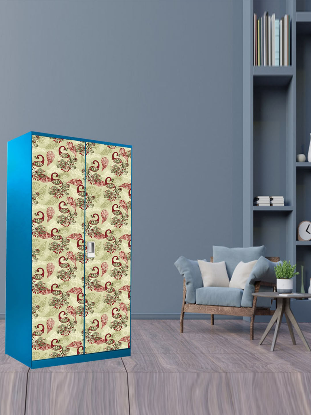 WallDaddy almirah cover Beige & Maroon Peacock Printed  Wardrobe Door Wallpaper
