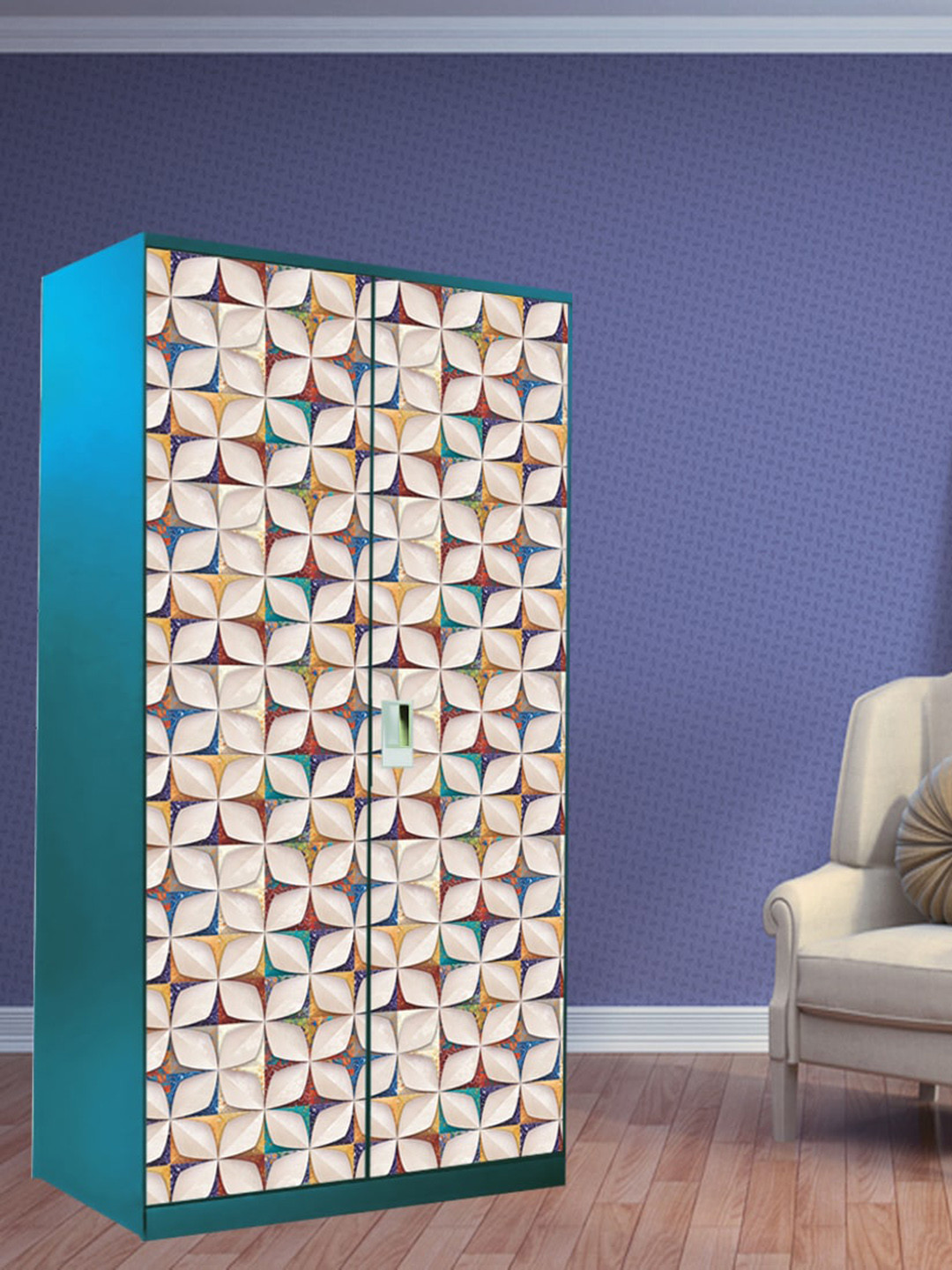 WallDaddy Beige & Blue Printed Paper Wardrobe Sticker