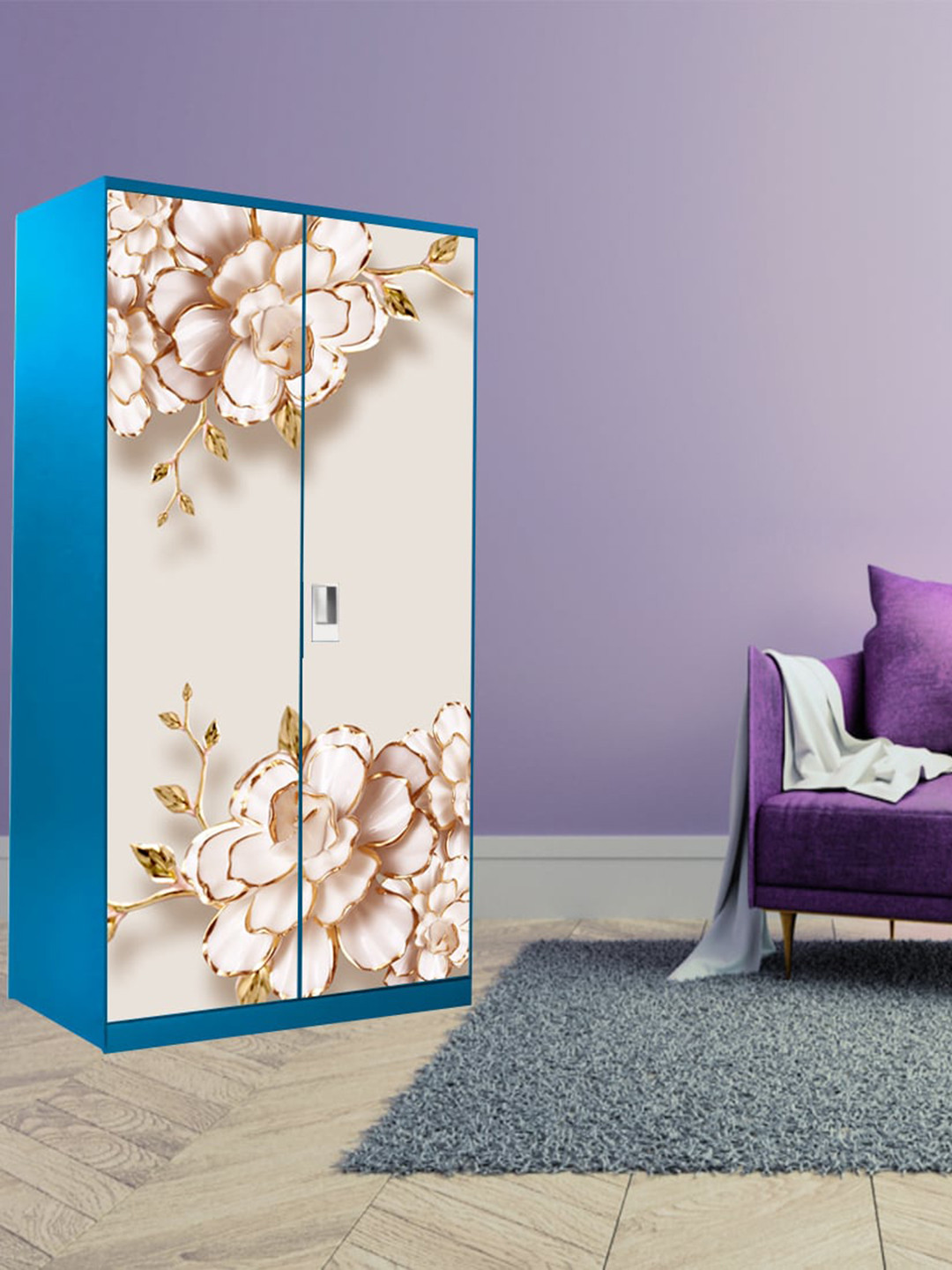 WallDaddy Cream & Gold toned color Floral Printed Almirah Sticker