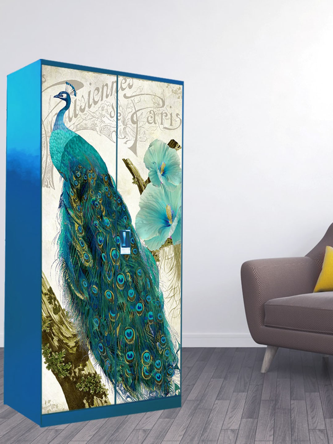 WallDaddy Blue & Green Peacock Printed Wardrobe Sticker