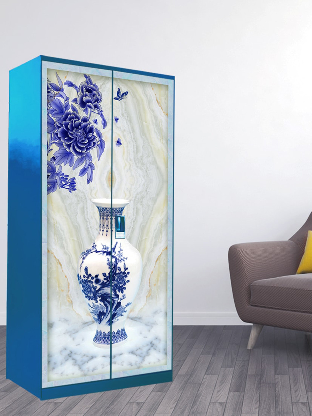 WallDaddy Blue & Cream color Printed  Almirah Sticker