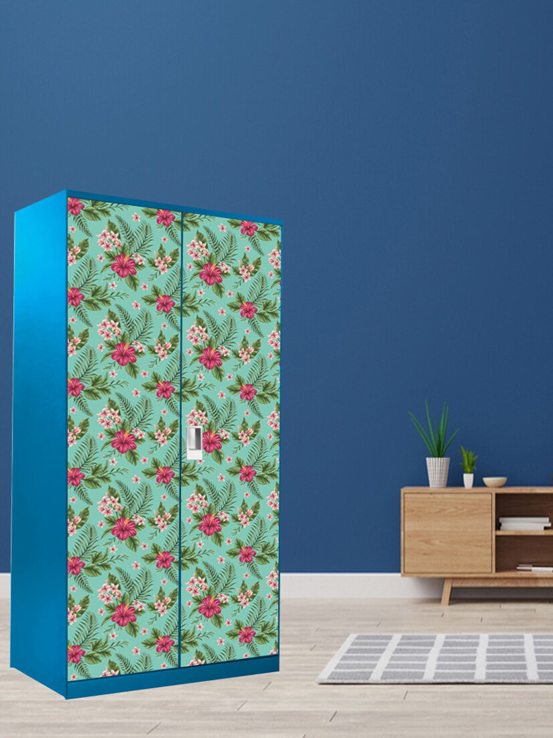 WallDaddy Blue & Pink Floral Printed Almirah Wardrobe Sticker