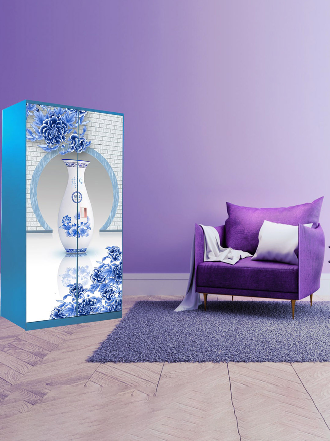 WallDaddy Blue & White Flower Pot Printed 3D-Wardrobe Sticker