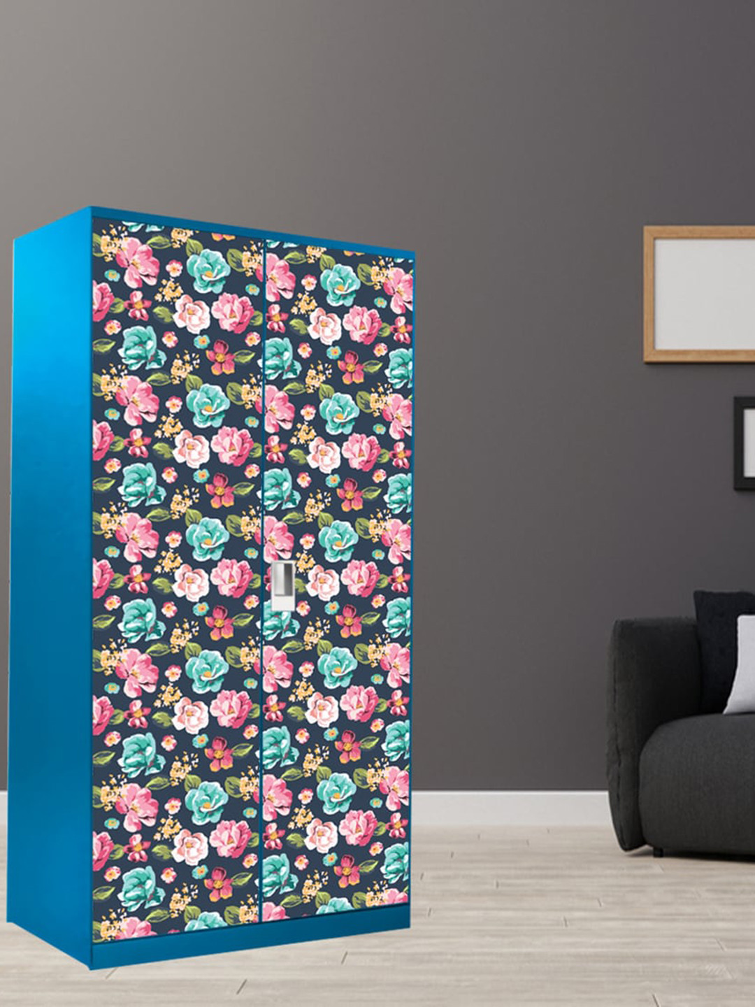 WallDaddy Dark Blue & Pink Floral Printed Paper Wardrobe Sticker