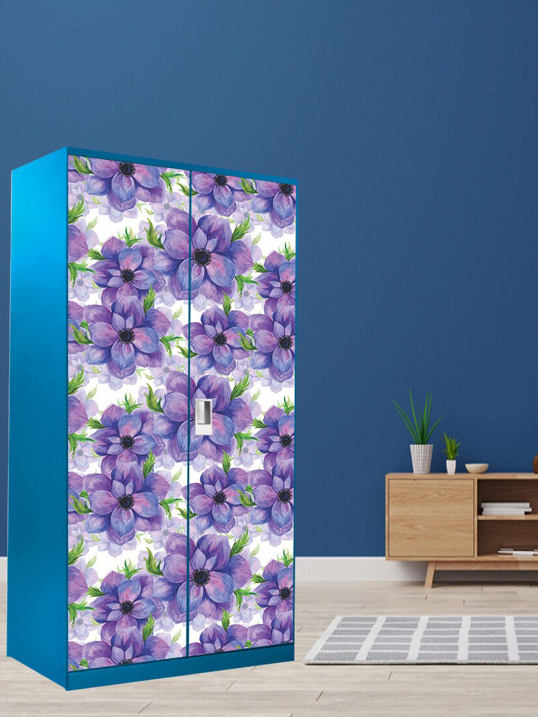 WallDaddy Purple & White Floral Printed 3D Wardrobe Sticker