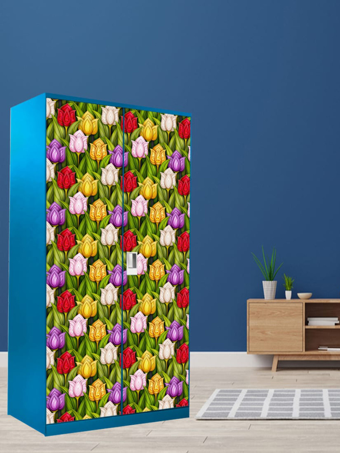 WallDaddy Yellow Floral Printed Almirah Wardrobe Door Stickers