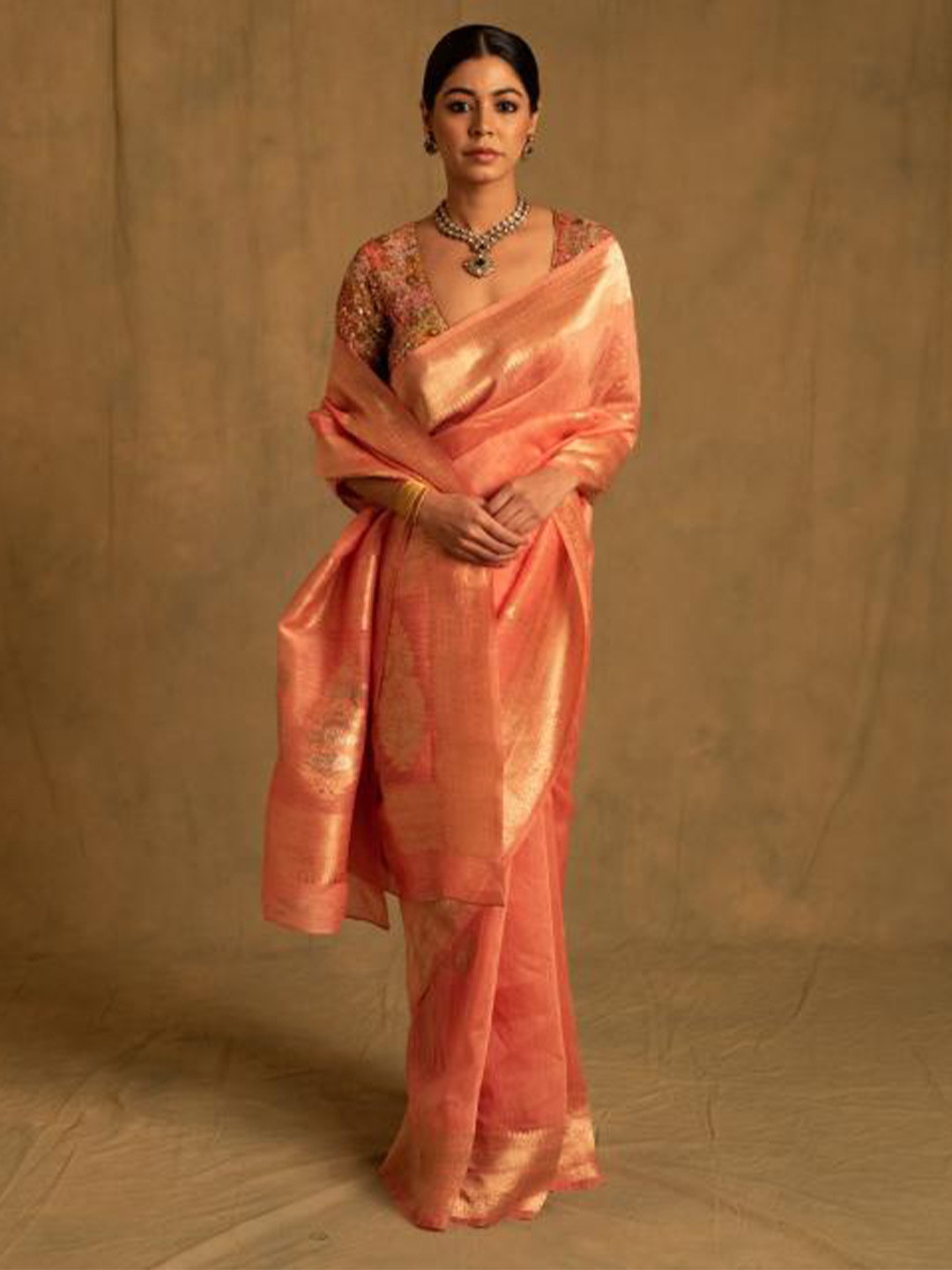 PriyankaRaajiv Karva Coral Pink Silk Cotton Banarasi Saree