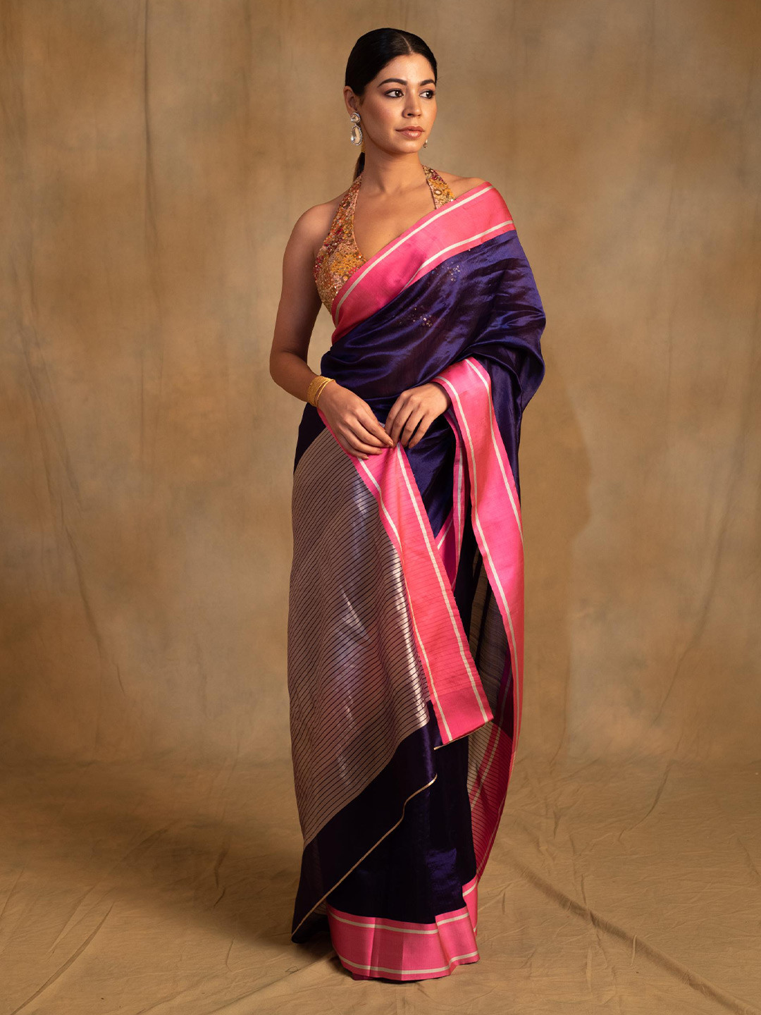 PriyankaRaajiv Vishu Blue Colourblocked Chanderi Saree