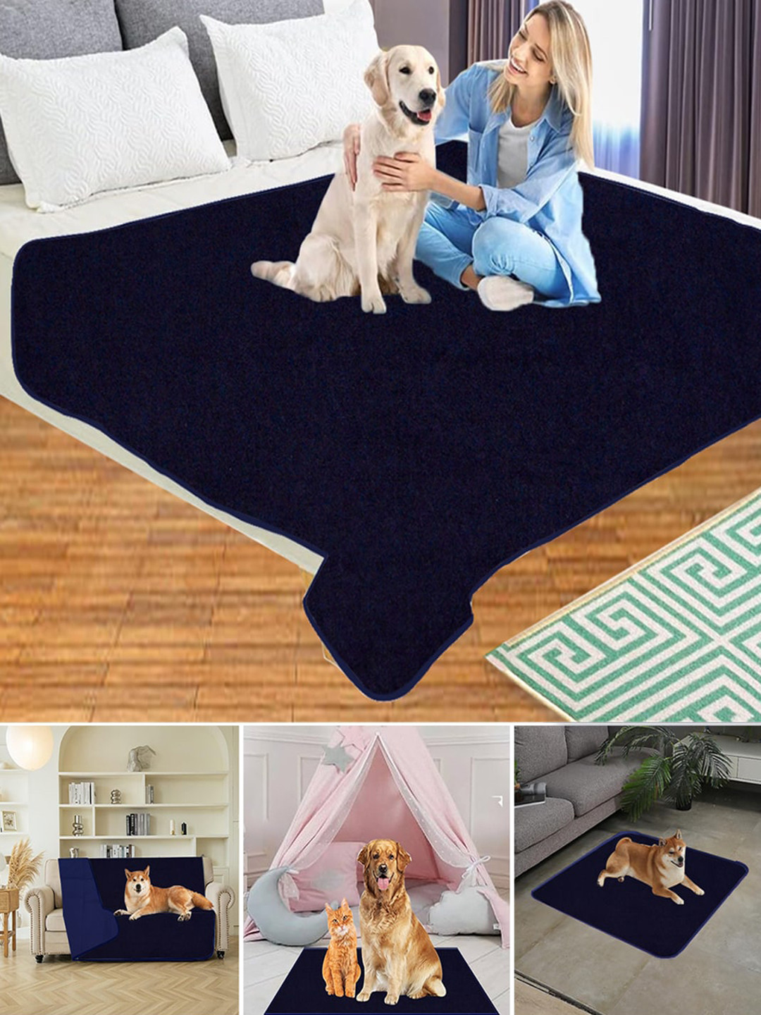 Adbeni Navy Blue Cotton Waterproof Pet Mat
