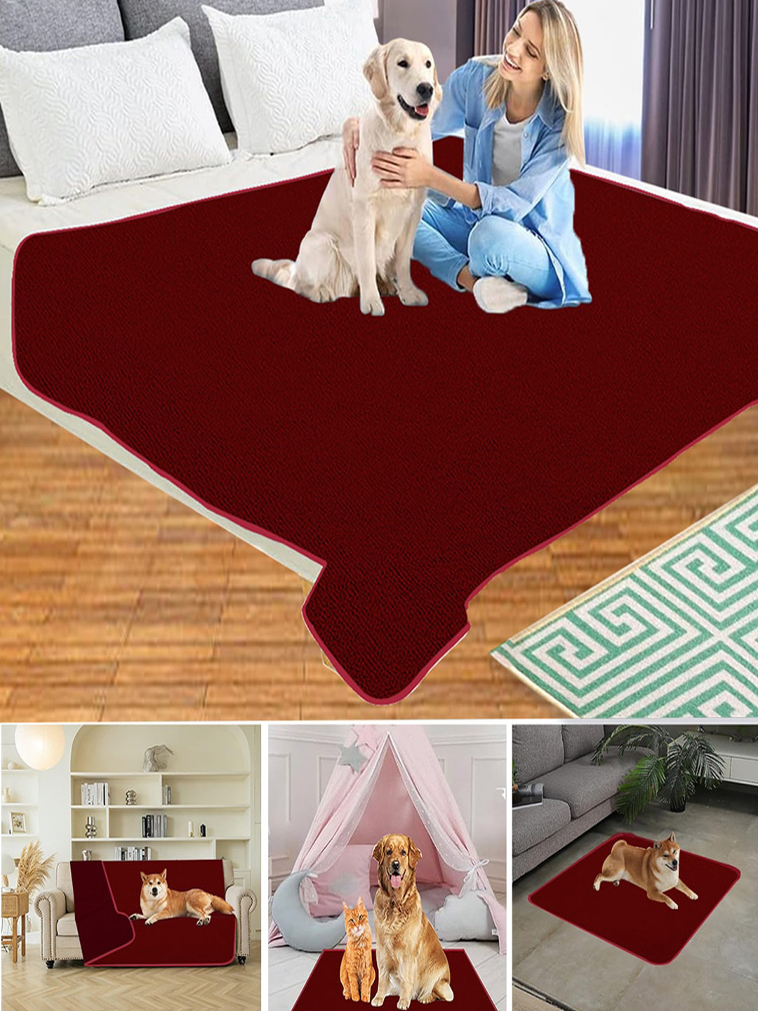 Adbeni Maroon Cartridge Cotton Waterproof Rectangle Dog Bed Mat