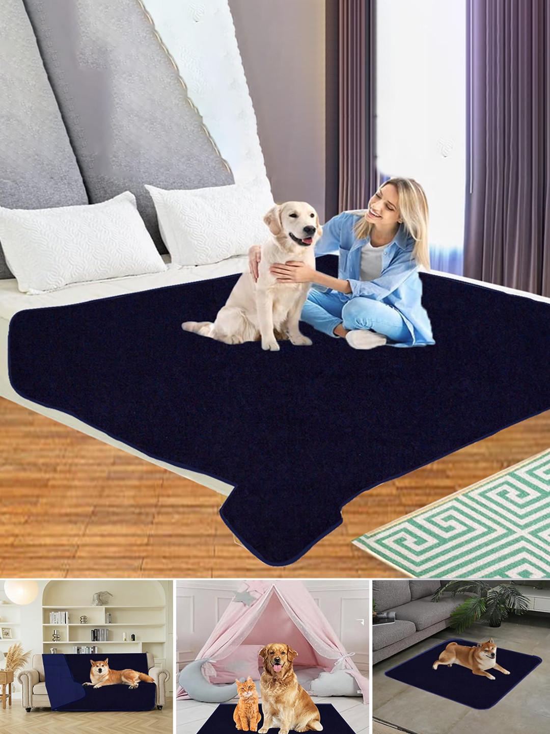 Adbeni Navy Blue Waterproof Reusable Shrink Resistant Cotton Airflow Technology Pet Mat