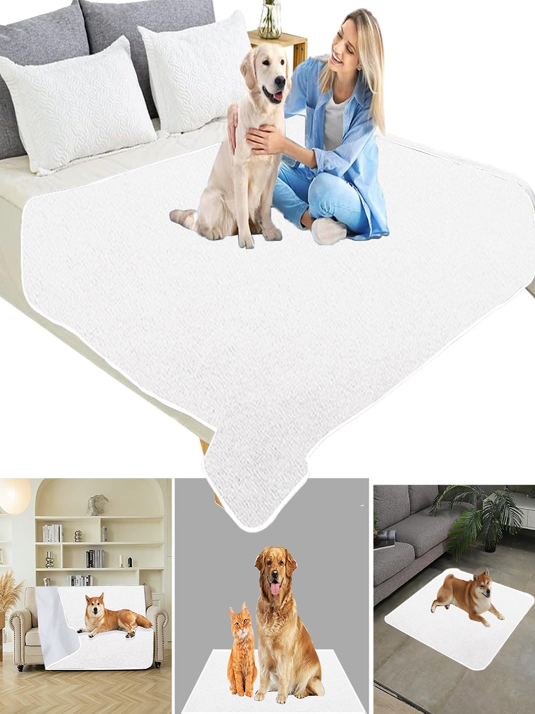 Adbeni White Cotton Waterproof Rectangle Dog Bed Mat