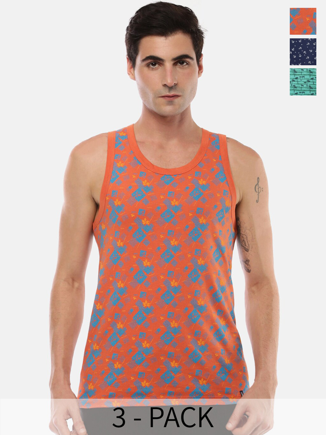 Force NXT Pack Of 3 Cotton Sleeveless Innerwear Vests MNAL-433-PO3-GRN-NVY-ORG