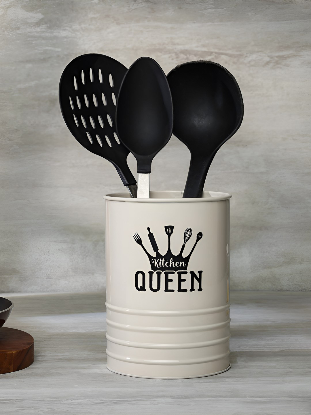 dudki Beige & Black Queen Printed Metal Cutlery Holder