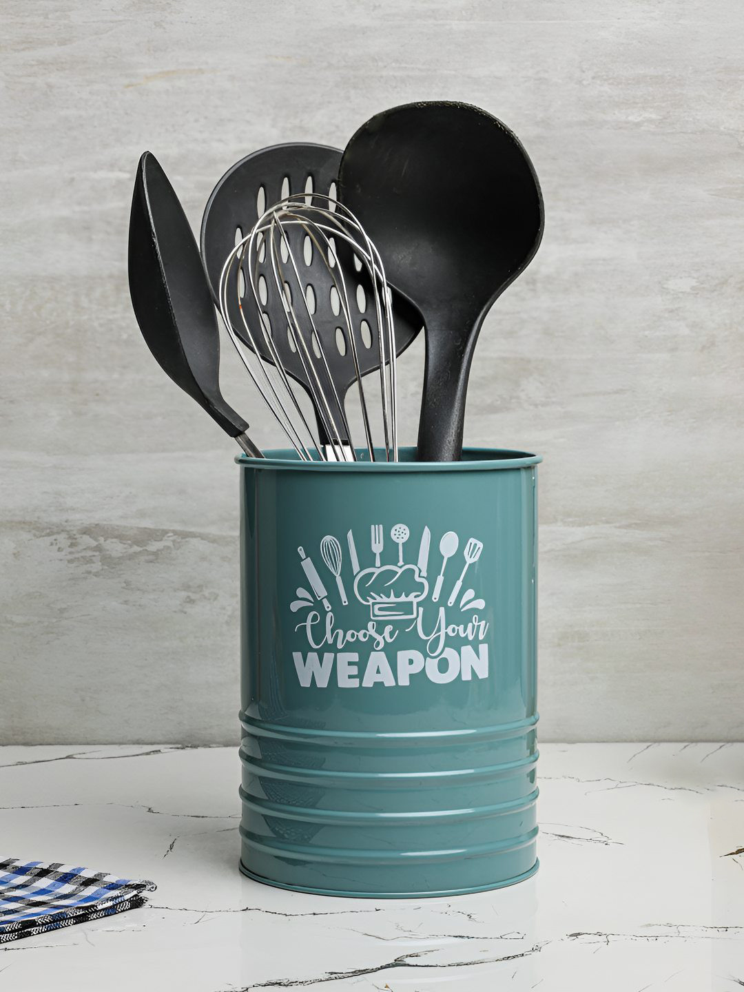 dudki Green & White Weapon Printed Metal Cutlery Holder