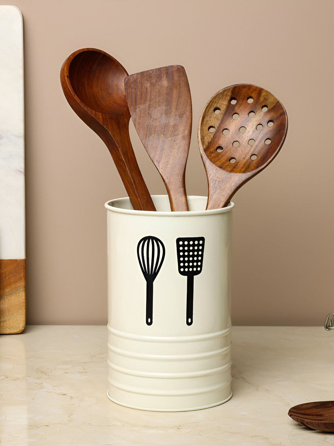 dudki Off White & Black Printed Metal Cutlery Holder