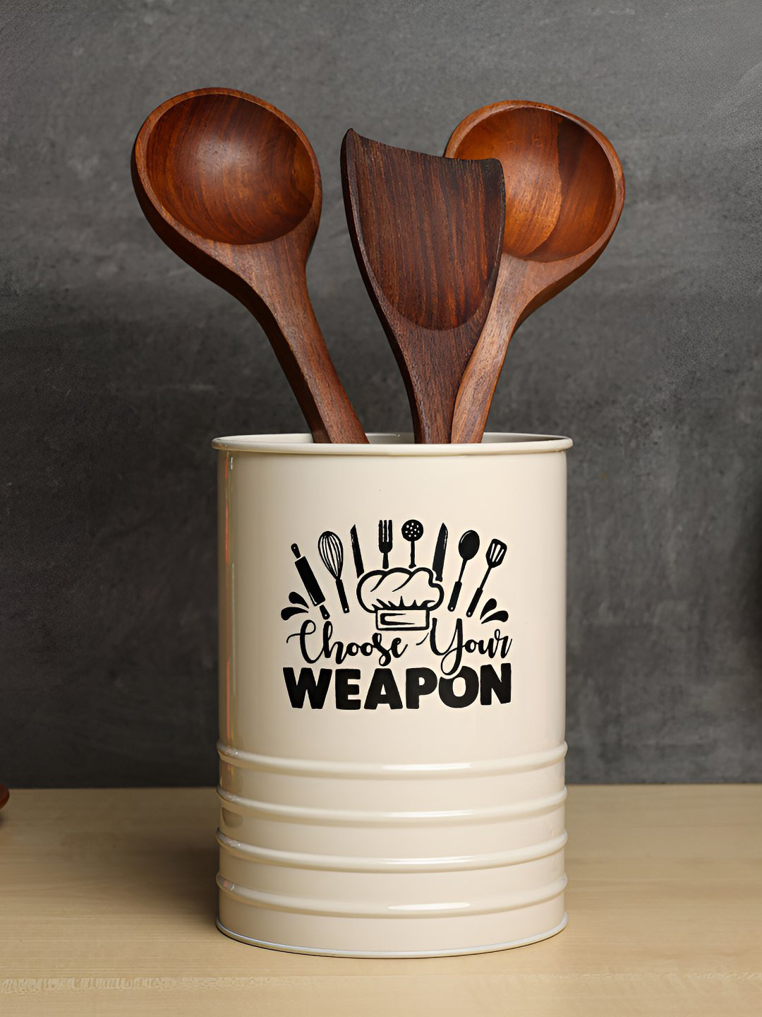 dudki Beige & Black Printed Metal Cutlery Holder