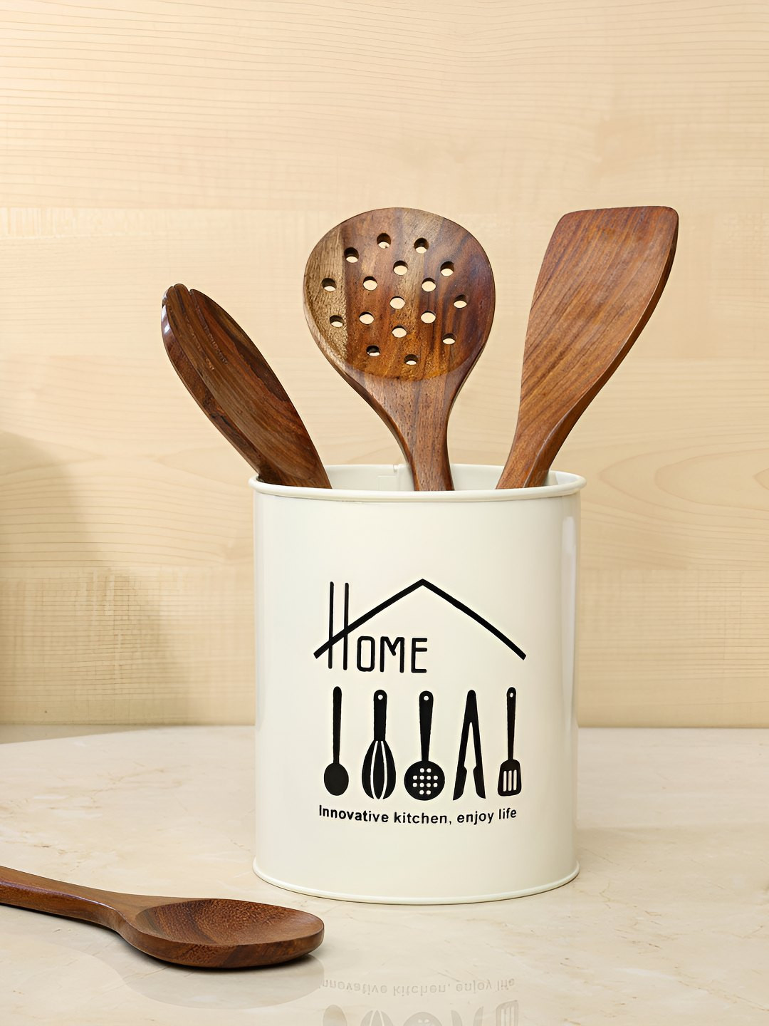 dudki Off White Home Printed Metal Cutlery Holder
