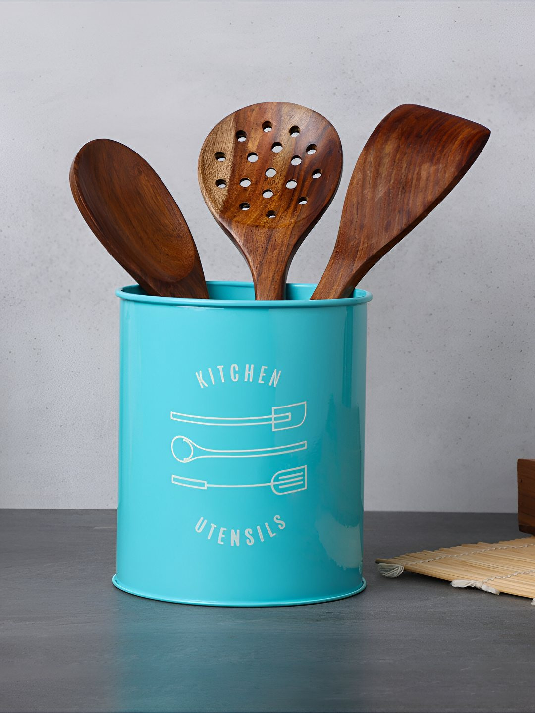dudki Turquoise Blue Printed Metal Cutlery Holder