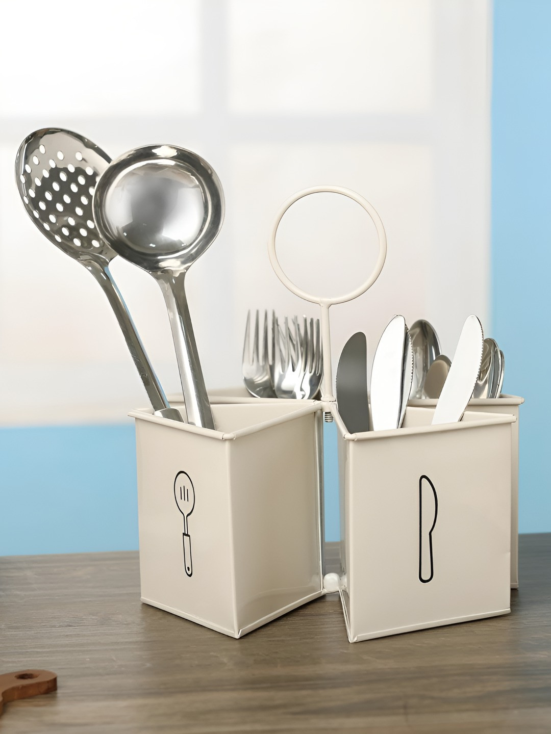 dudki Beige & Black Printed 4 in 1 Metal Cutlery Holder