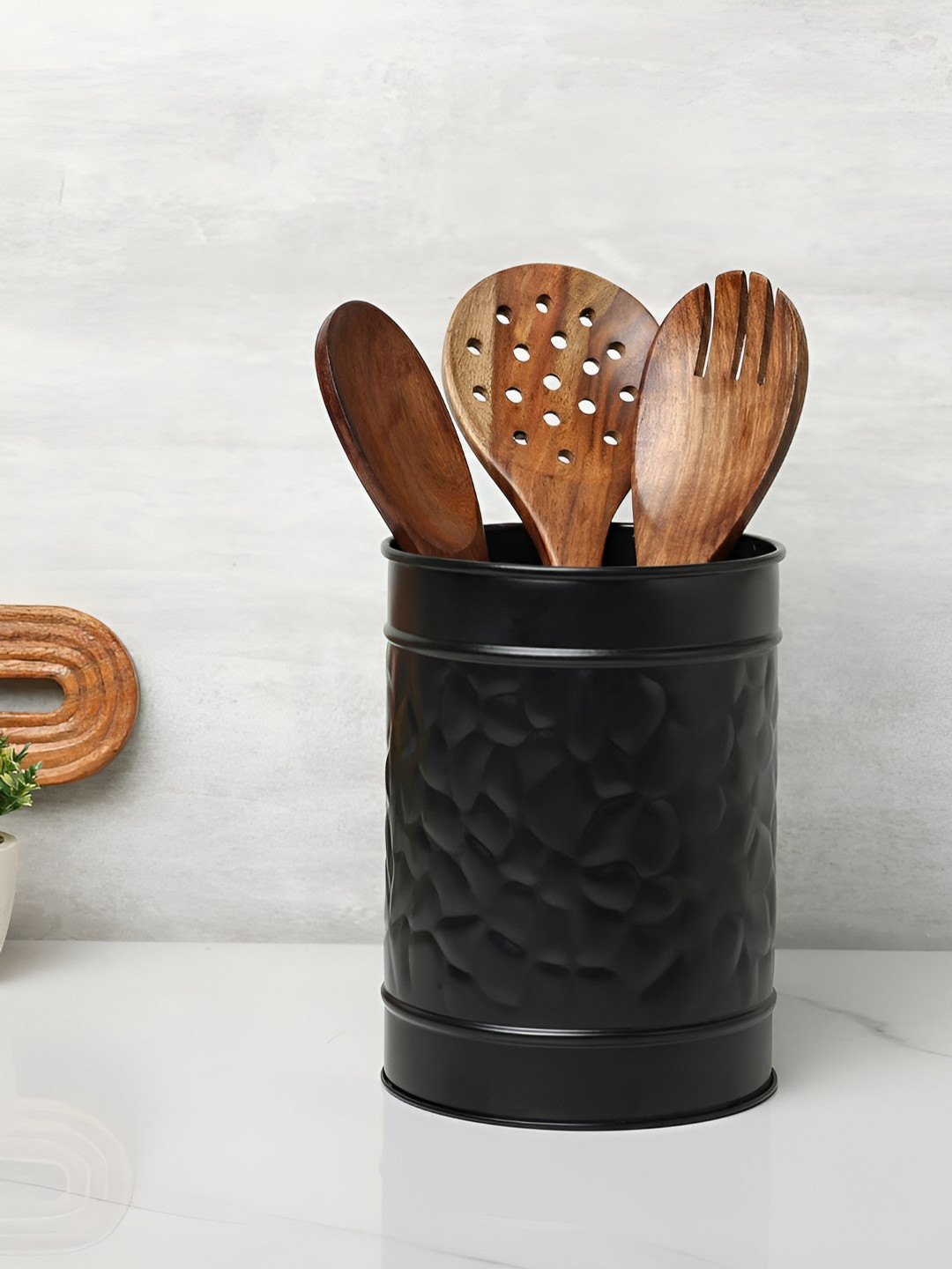 dudki Black Hammered Textured Metal Cutlery Holder