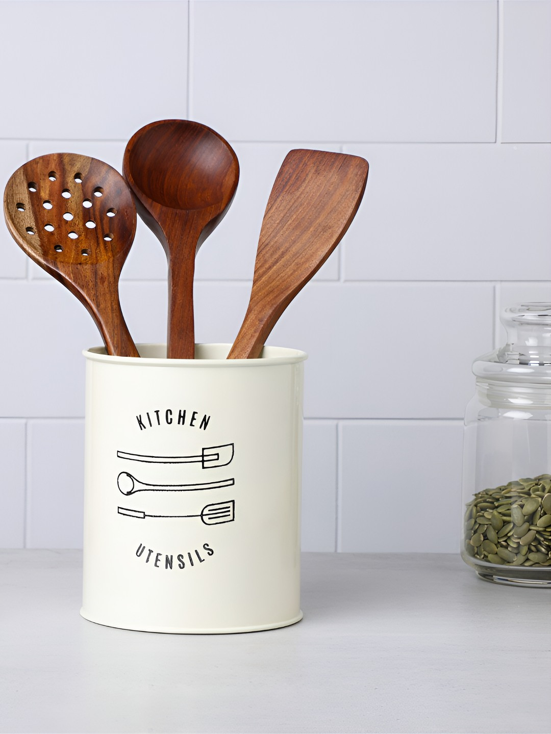 dudki Off White Printed Metal Cutlery Holder