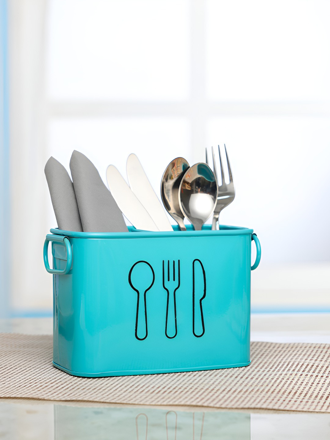 dudki Turquoise Blue Printed Metal Cutlery Holder