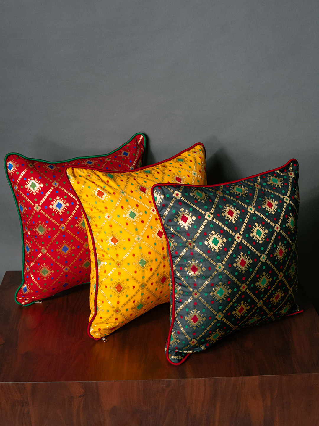 RoyalDeco Red & Yellow  3 Pieces Bandhani Brocade Square Cushion Covers