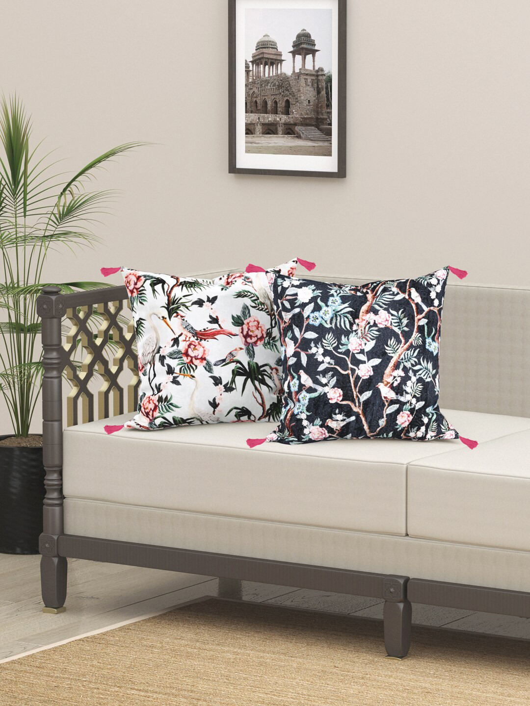 EverHOME White Floral Velvet Washable 2 Pcs Square Cushion Covers - 16 x 16 In