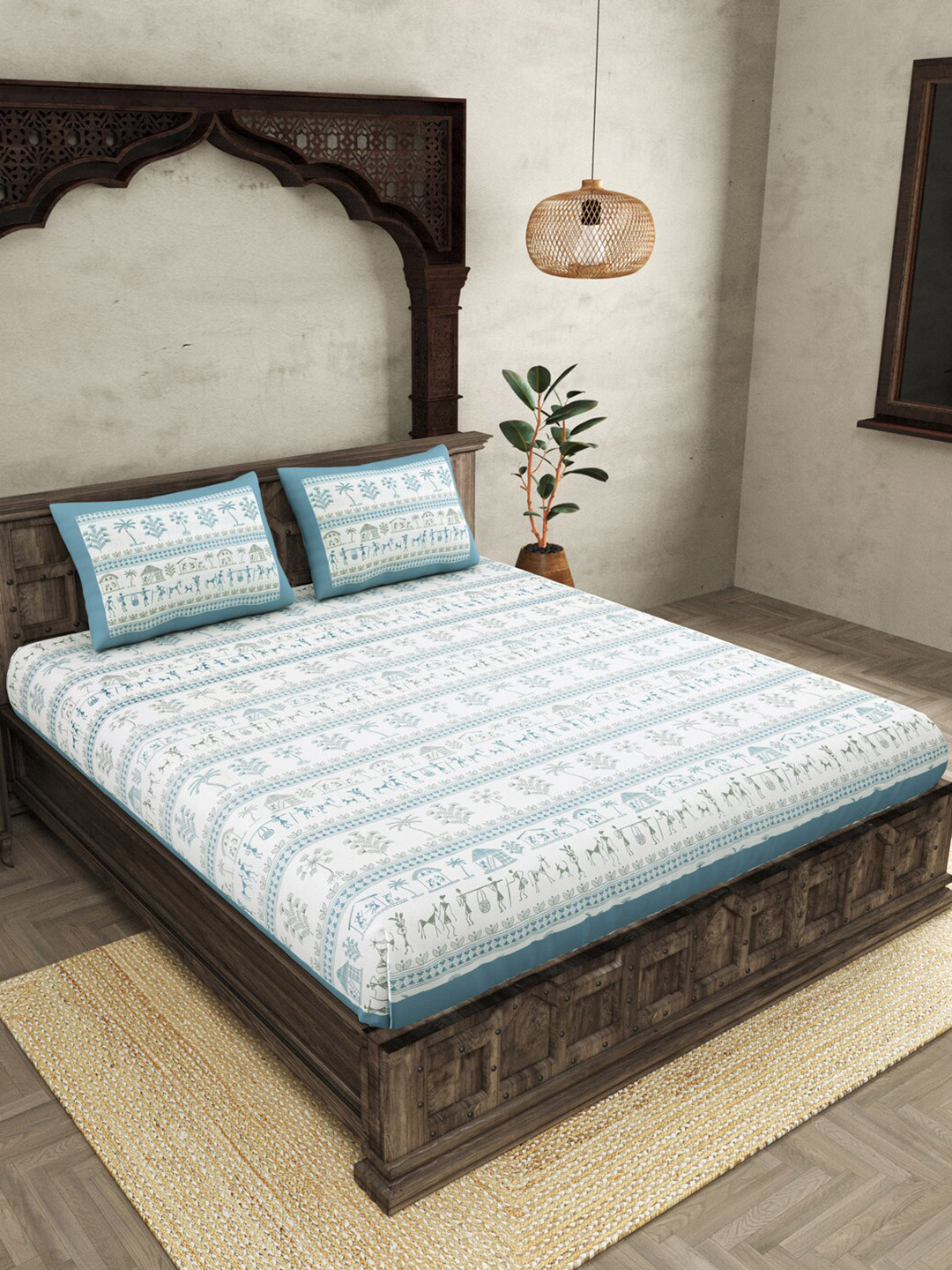 JAIPUR FABRIC Urban Tribals Premium Blue Ethnic Motifs Cotton 250 TC Super King Superfine Bedsheet with 2 Pillow Covers-118 x 118 inches