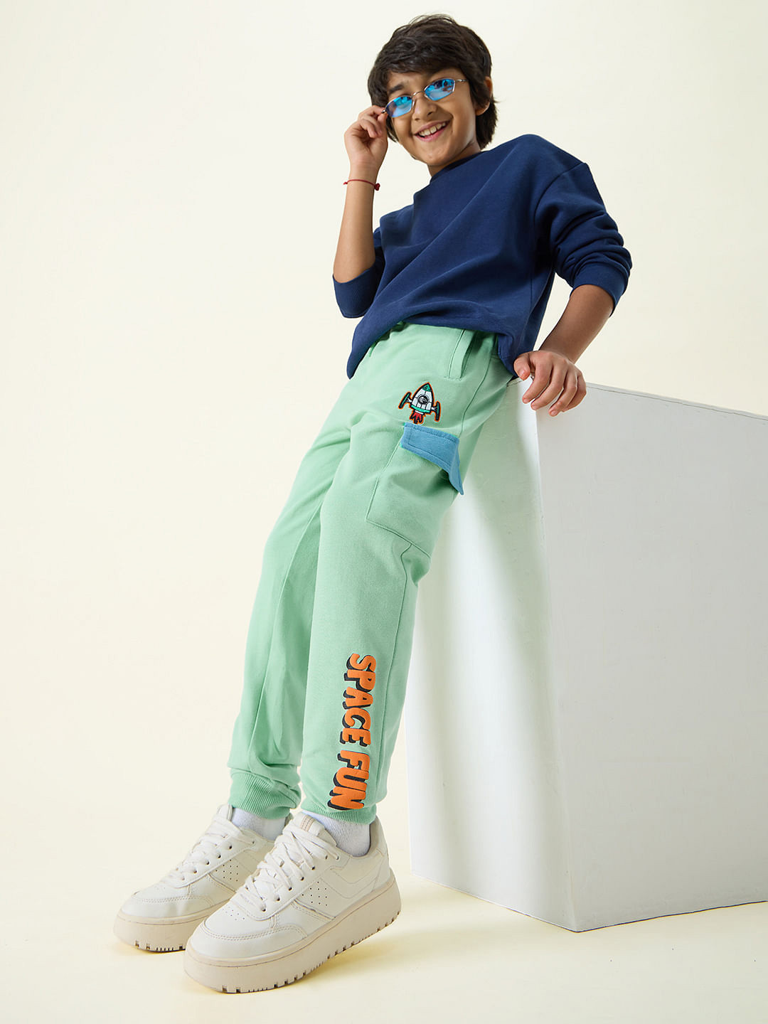 The Souled Store Space Fun Green Boys Typography Printed Mid-Rise Pure Cotton Joggers