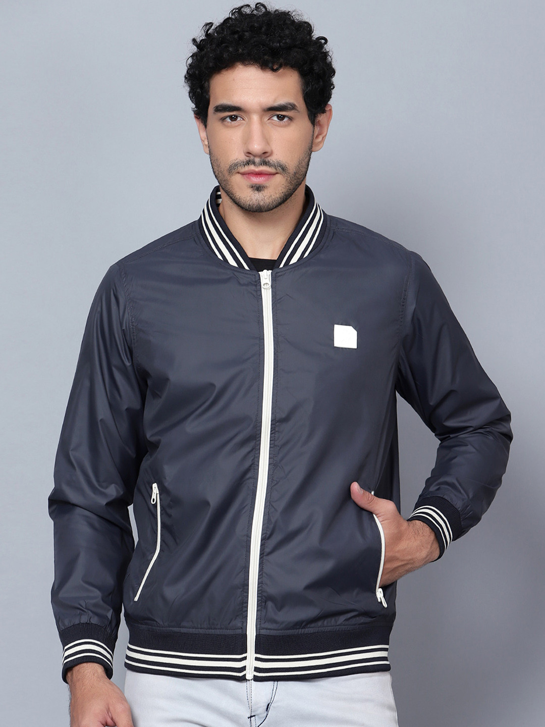 Trenz Striped Stand Collar Bomber Jacket